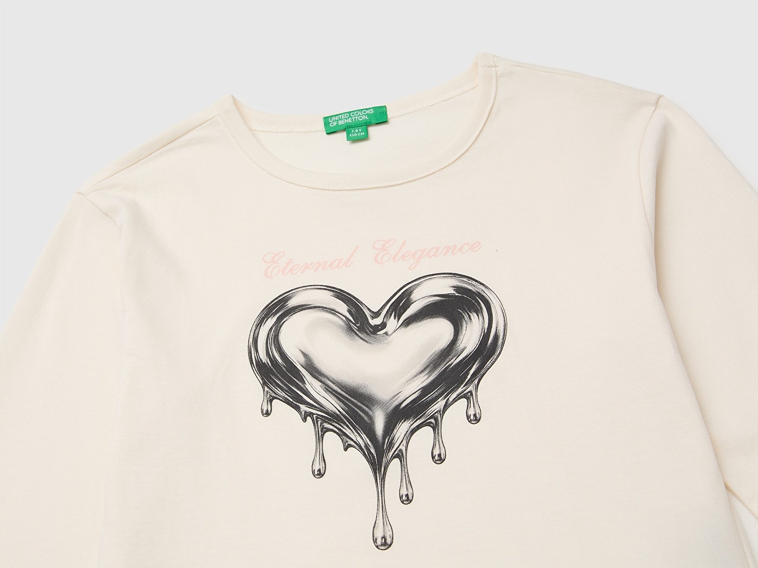 Benetton Kız Çocuk Ekru Uzun Kollu Önü Baskılı Bisiklet Yaka T-Shirt