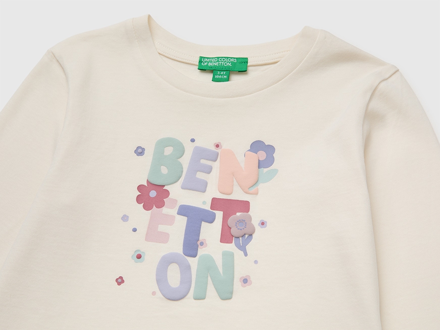 Benetton Kız Bebek Ekru Önü Baskılı Uzun Kollu Tişört