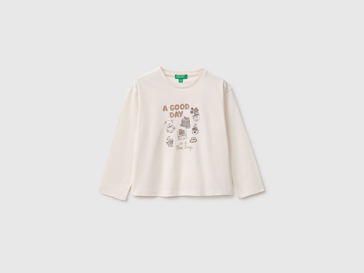 Benetton Kız Bebek Ekru Önü Baskılı Uzun Kollu Tişört
