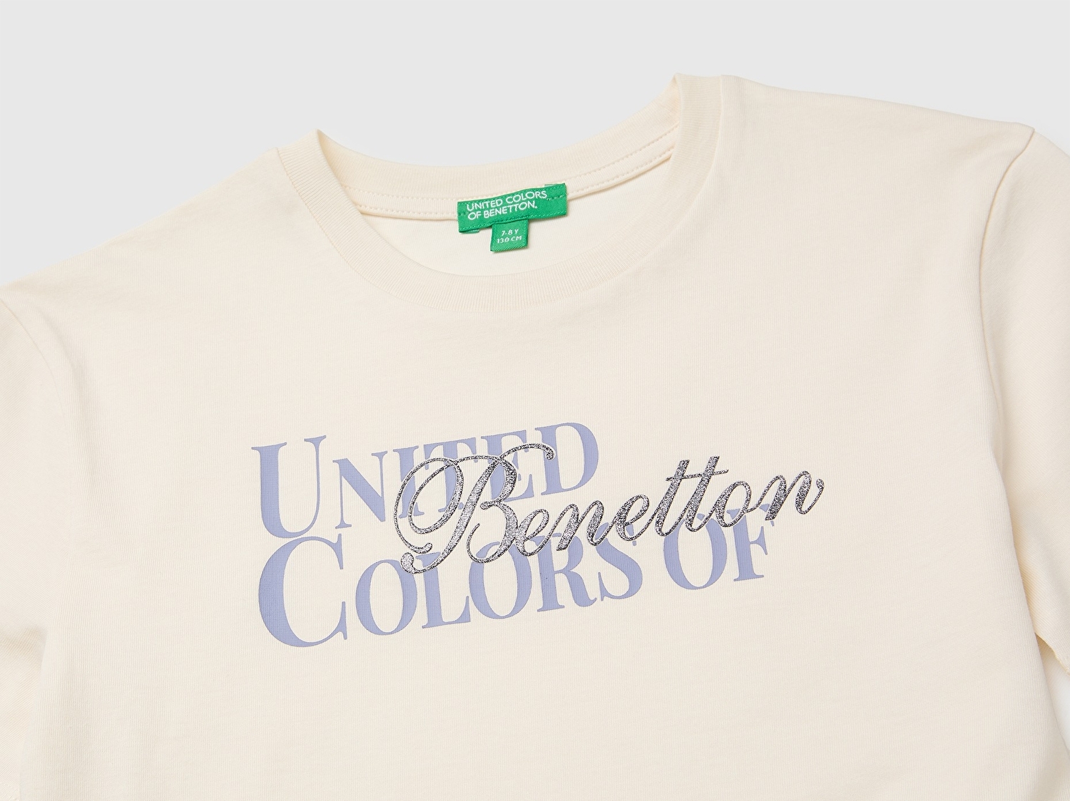 Benetton Kız Çocuk Ekru %100 Organik Pamuk Önü Nakışlı Kısa Kollu Tişört