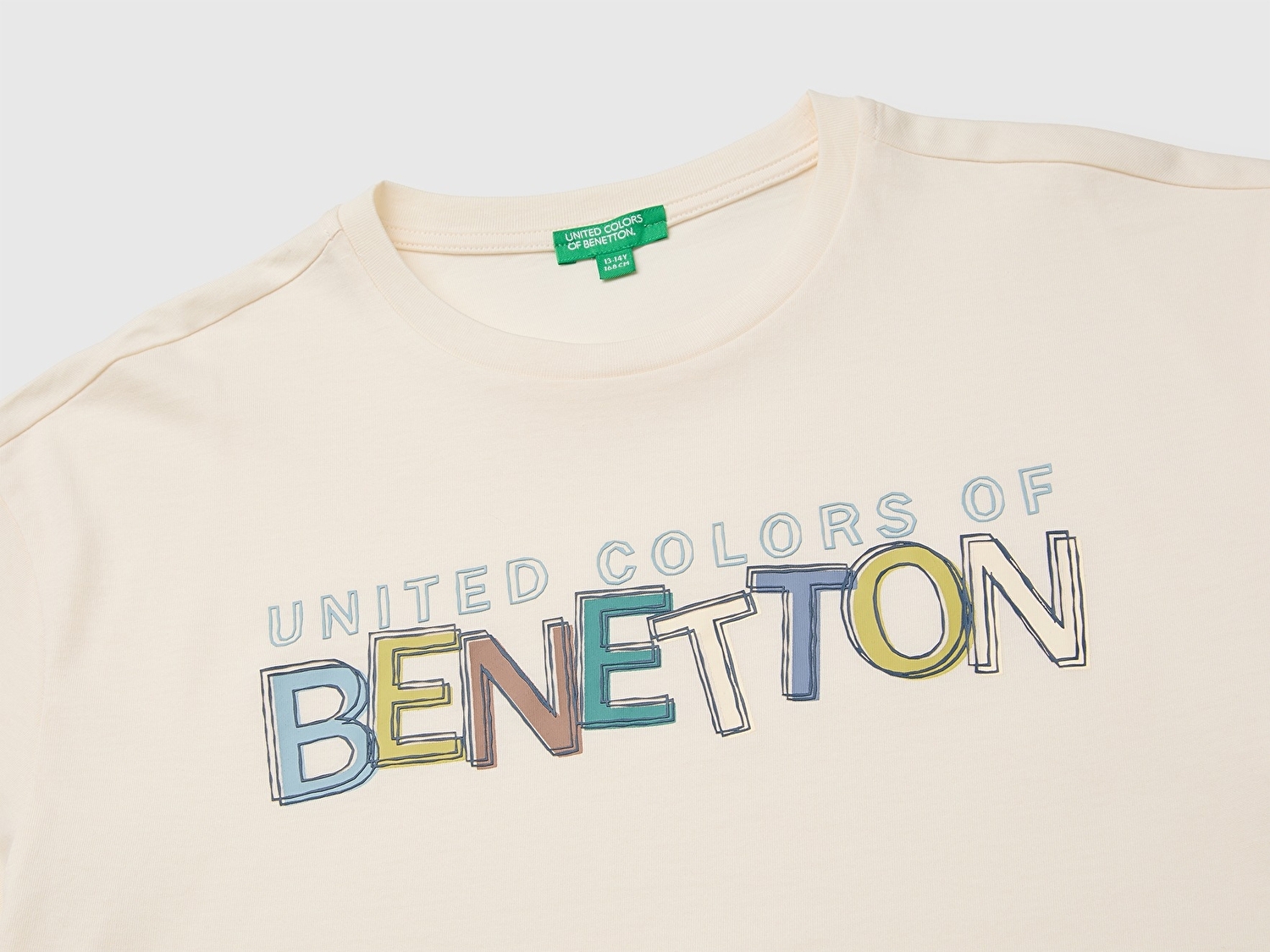 Benetton Erkek Çocuk Ekru Önü Nakışlı Kısa Kollu Tişört