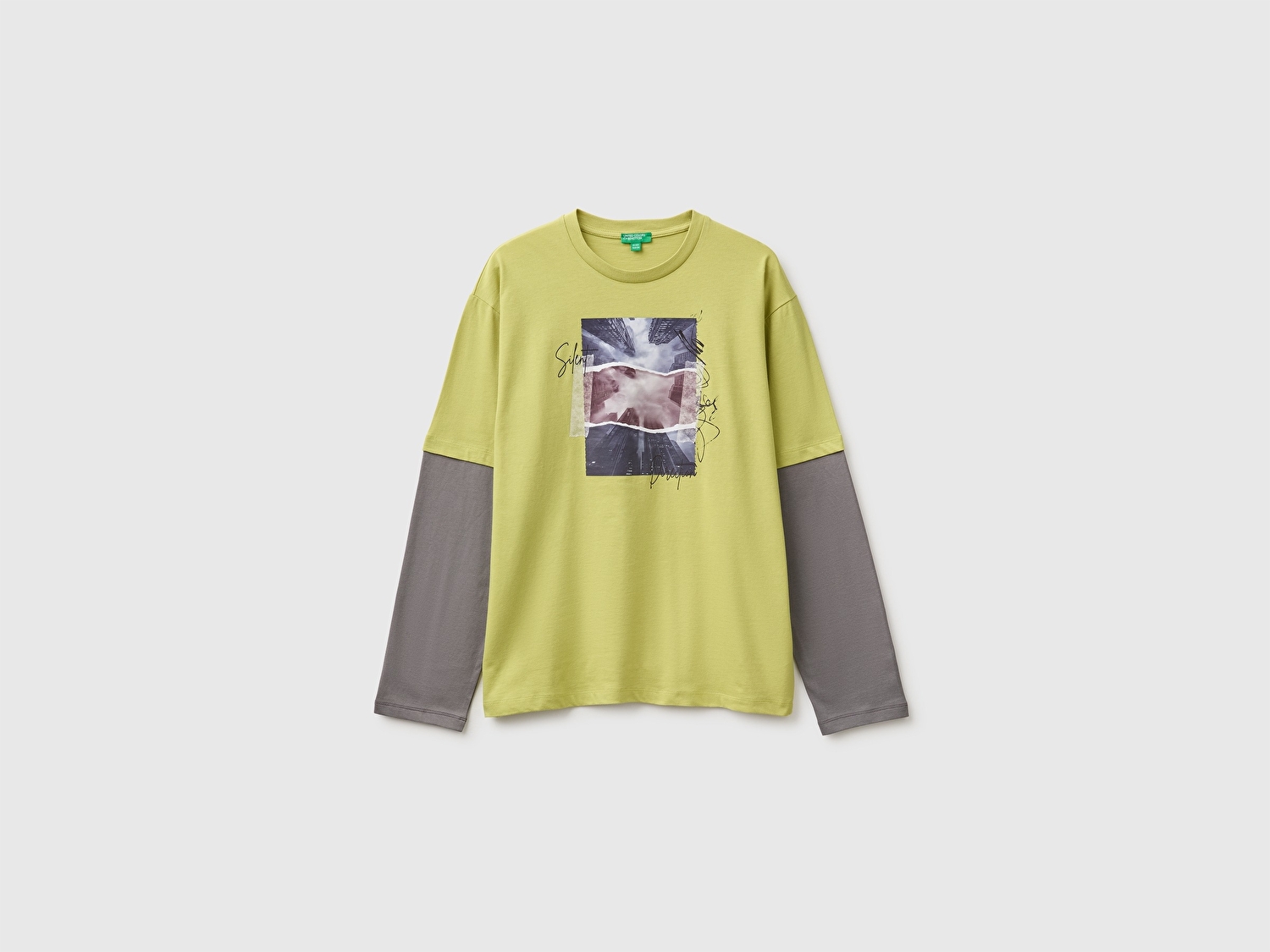 Benetton Erkek Çocuk Fıstık Yeşili Önü Baskılı Uzun Kollu Tişört