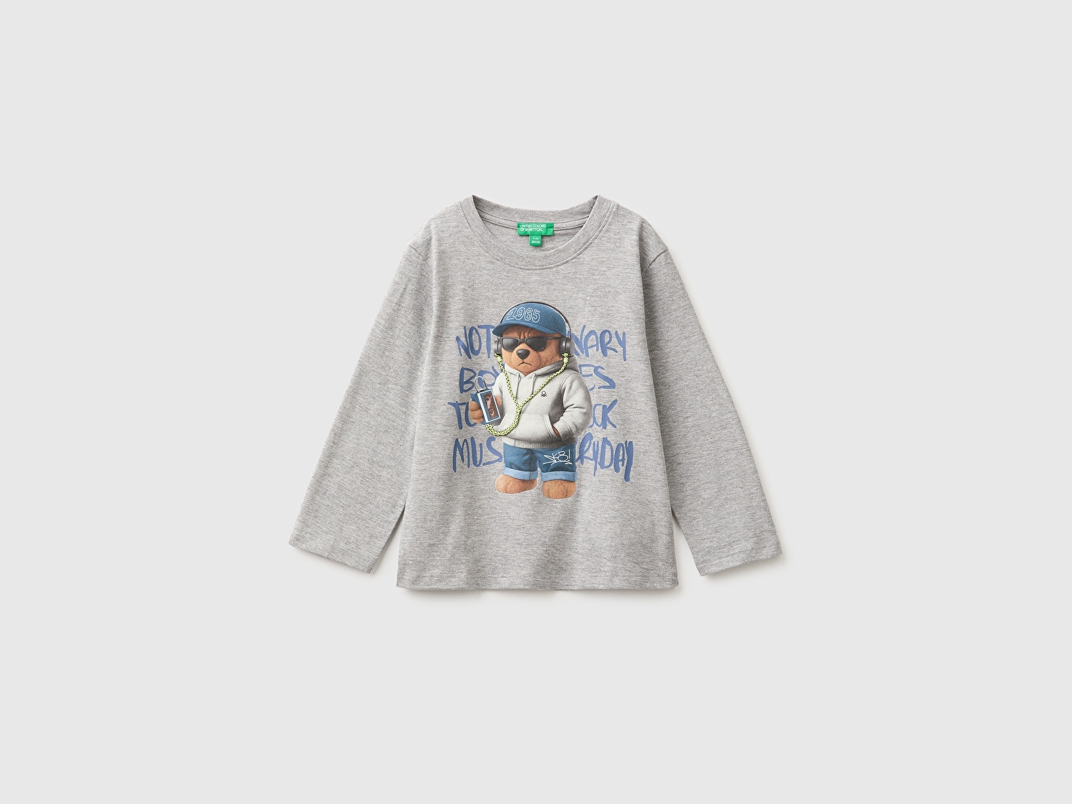 Benetton Erkek Bebek Gri Melanj Önü İşlemeli Uzun Kollu Tişört