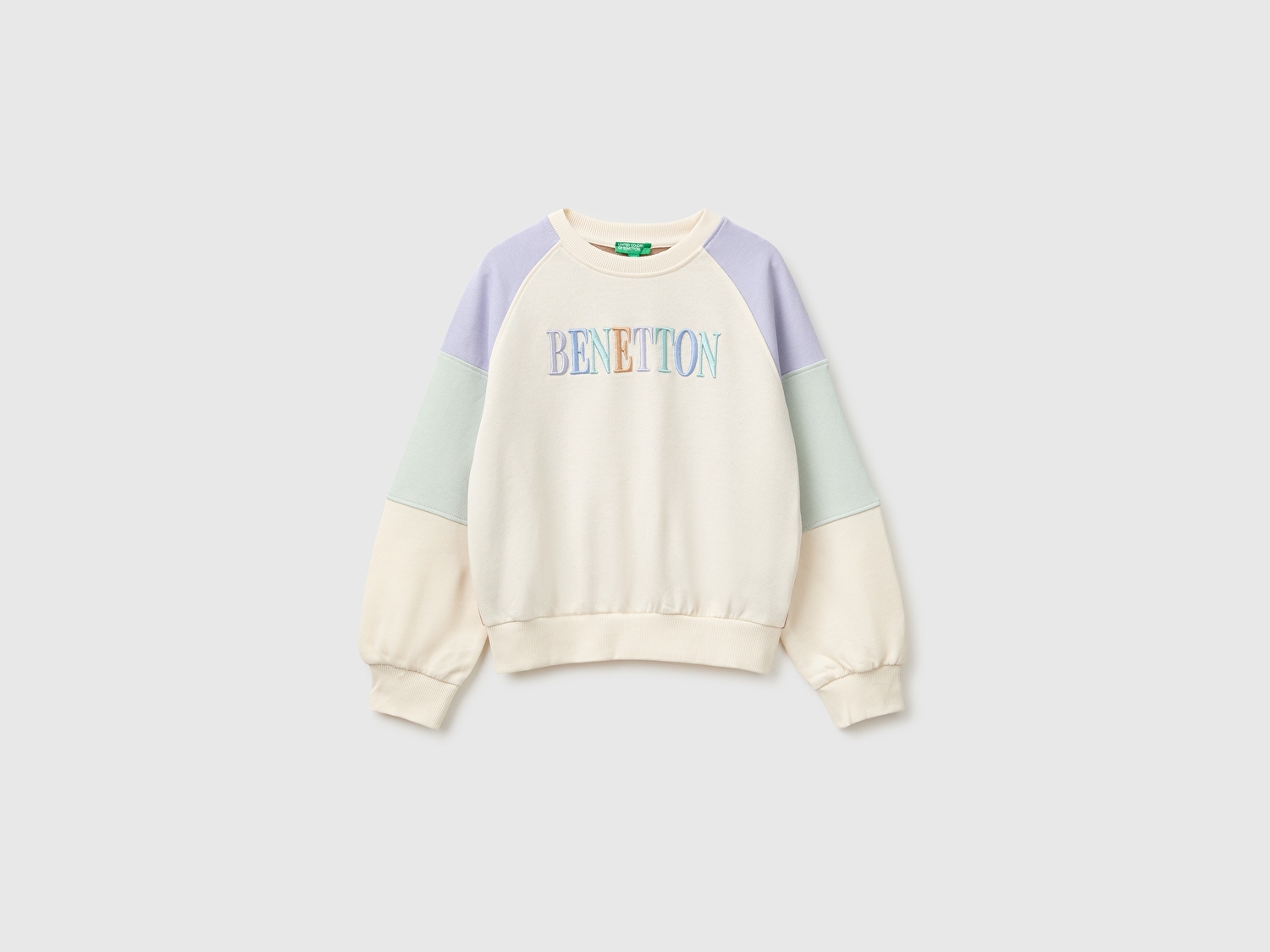 Benetton Kız Çocuk Krem Mix İşlemeli Renk Bloklu Reglan Kollu Bisiklet Yaka Sweatshirt
