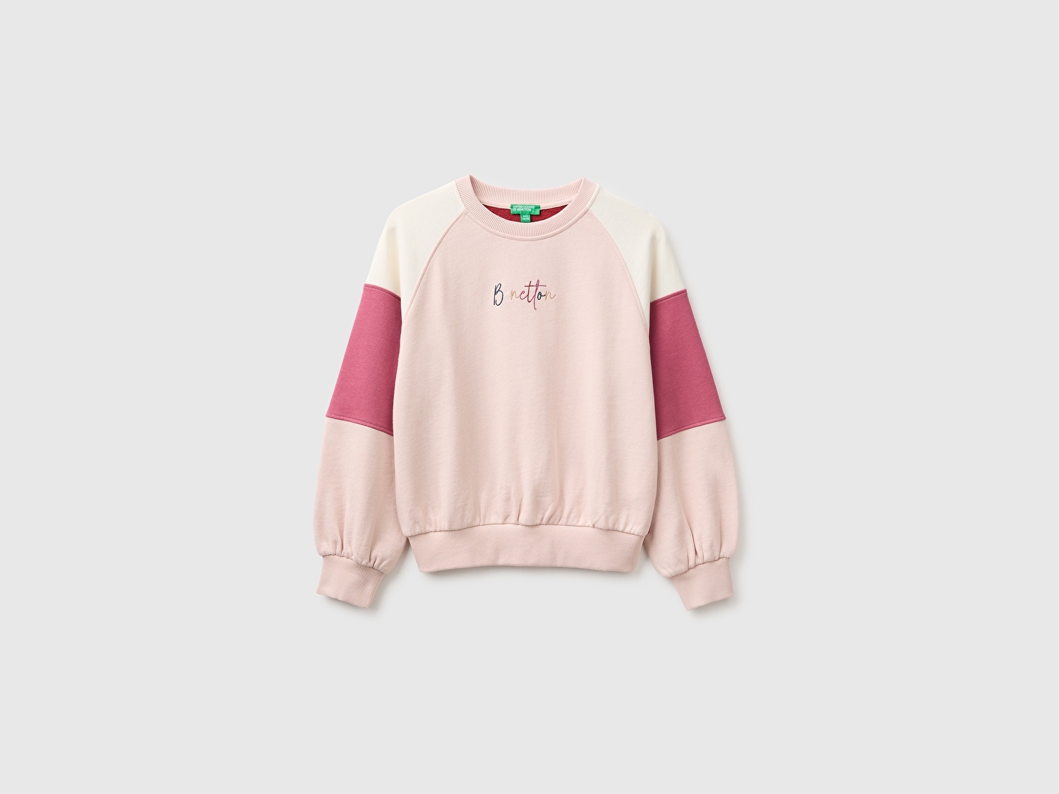 Benetton Kız Çocuk Pudra İşlemeli Renk Bloklu Reglan Kollu Bisiklet Yaka Sweatshirt