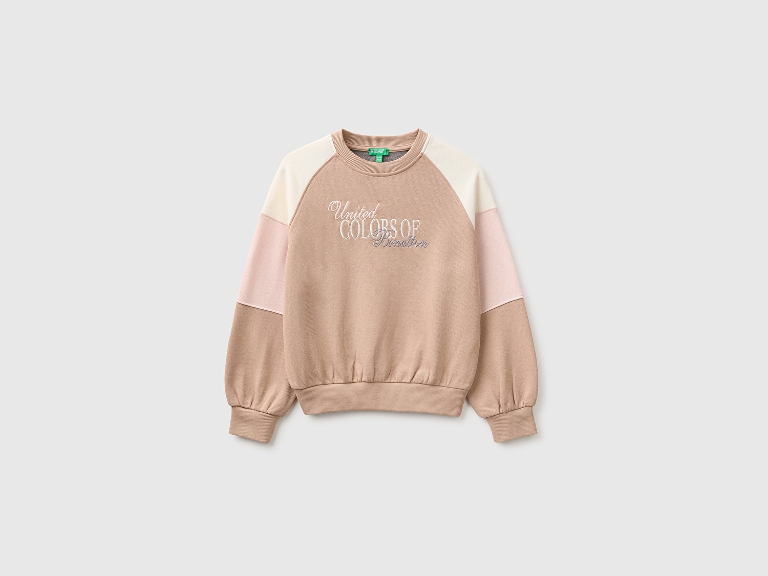 Benetton Kız Çocuk Haki İşlemeli Renk Bloklu Reglan Kollu Bisiklet Yaka Sweatshirt
