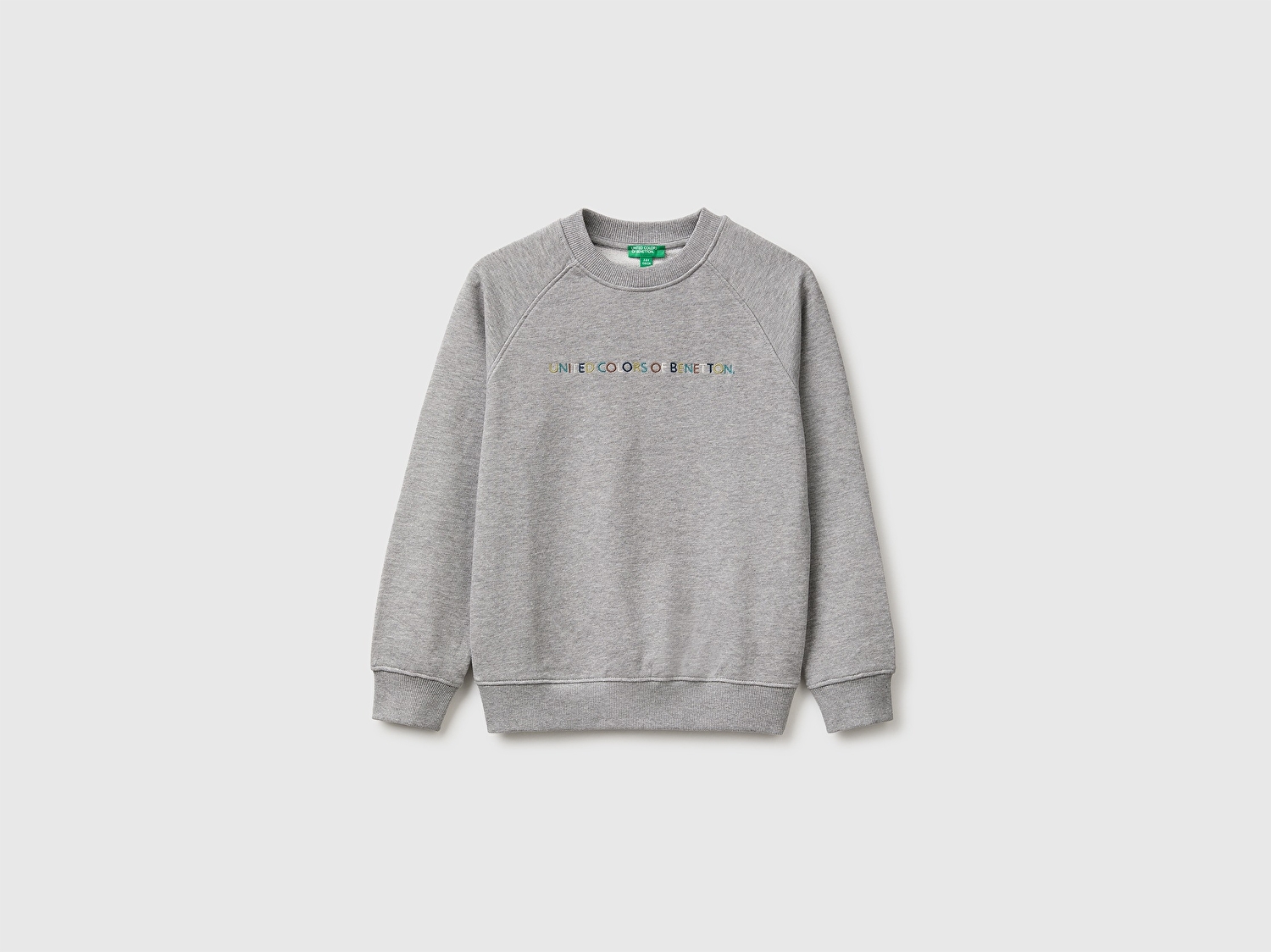 Benetton Erkek Çocuk Gri Melanj Önü İşlemeli Ribanalı Reglan Kollu Bisiklet Yaka Sweatshirt