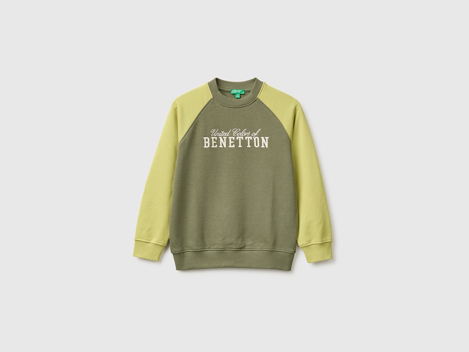 Benetton Erkek Çocuk Haki Önü İşlemeli Ribanalı Reglan Kollu Bisiklet Yaka Sweatshirt