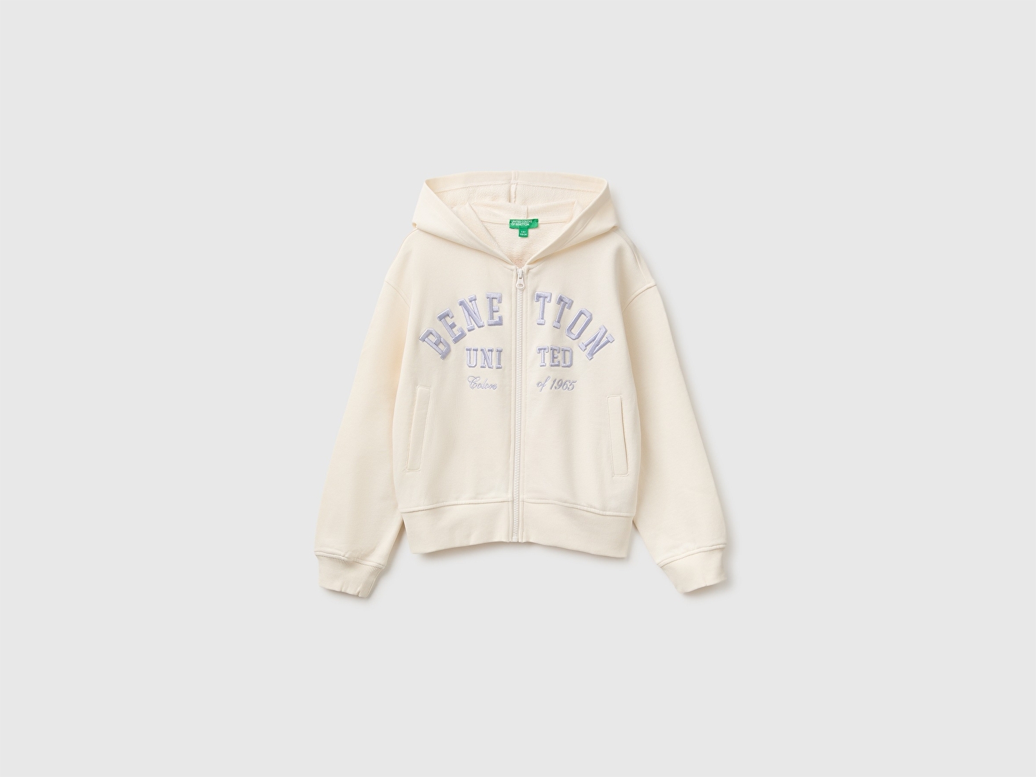 Benetton Kız Çocuk Ekru Önü İşlemeli Ribanalı Cepli Kapüşonlu Fermuarlı Sweatshirt