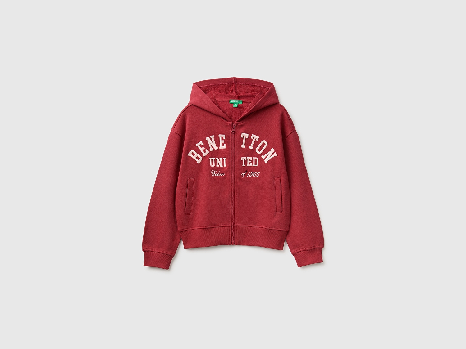 Benetton Kız Çocuk Kırmızı Önü İşlemeli Ribanalı Cepli Kapüşonlu Fermuarlı Sweatshirt