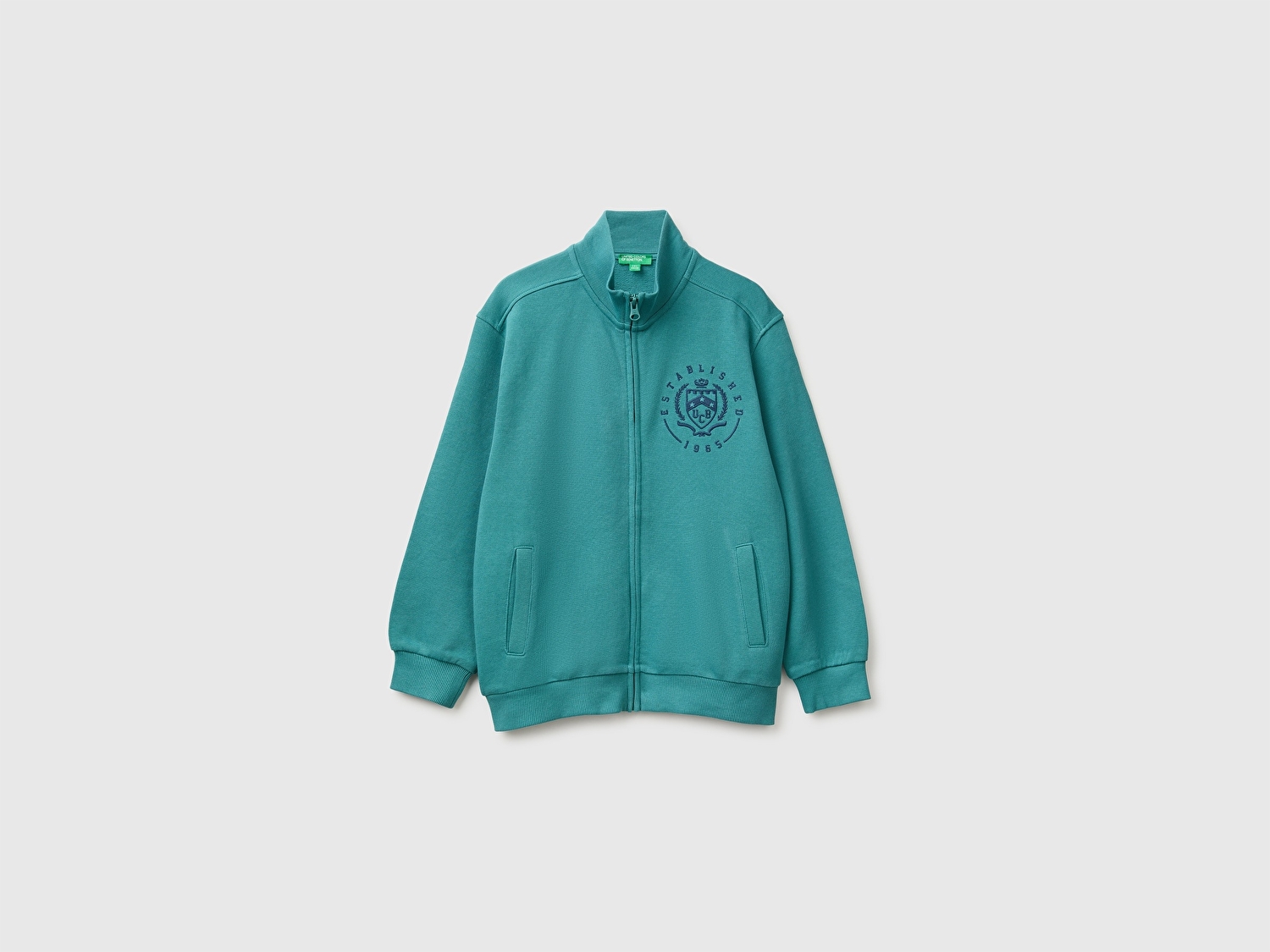 Benetton Erkek Çocuk Petrol Yeşili Önü İşlemeli Ribanalı Cepli Fermuarlı Dik Yaka Sweatshirt