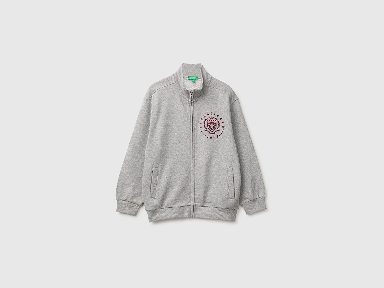 Benetton Erkek Çocuk Gri Melanj Önü İşlemeli Ribanalı Cepli Fermuarlı Dik Yaka Sweatshirt