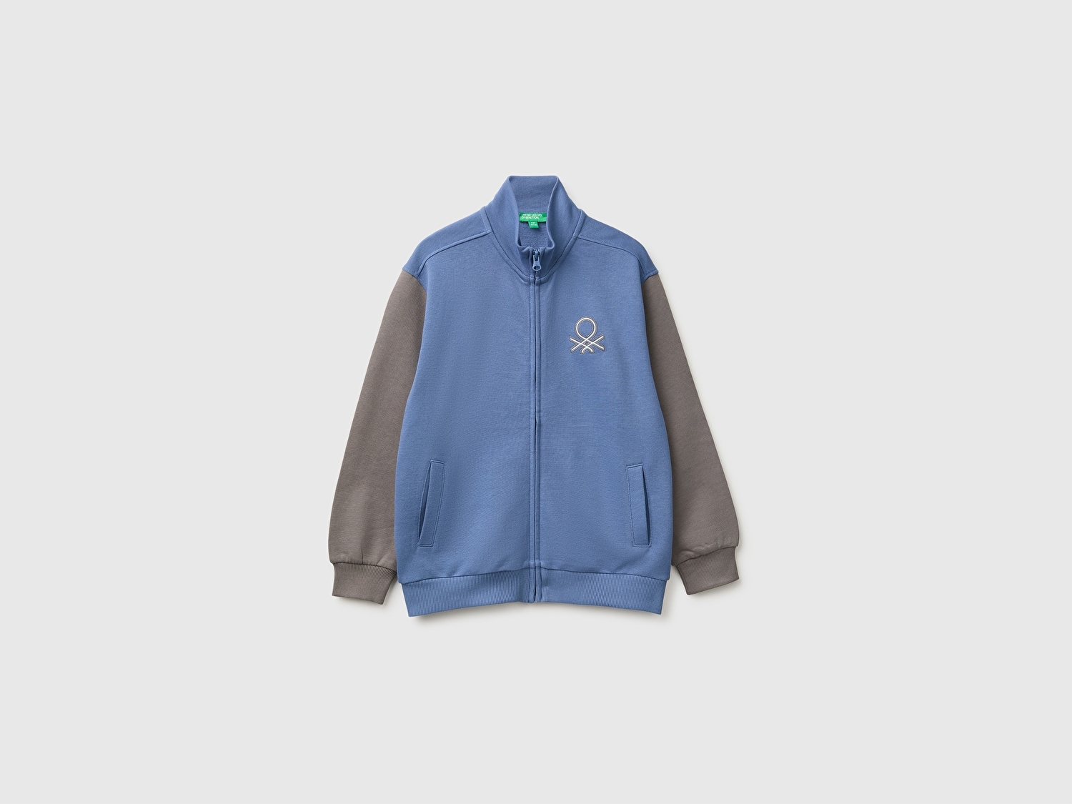 Benetton Erkek Çocuk Havacı Mavi Önü İşlemeli Ribanalı Cepli Fermuarlı Dik Yaka Sweatshirt