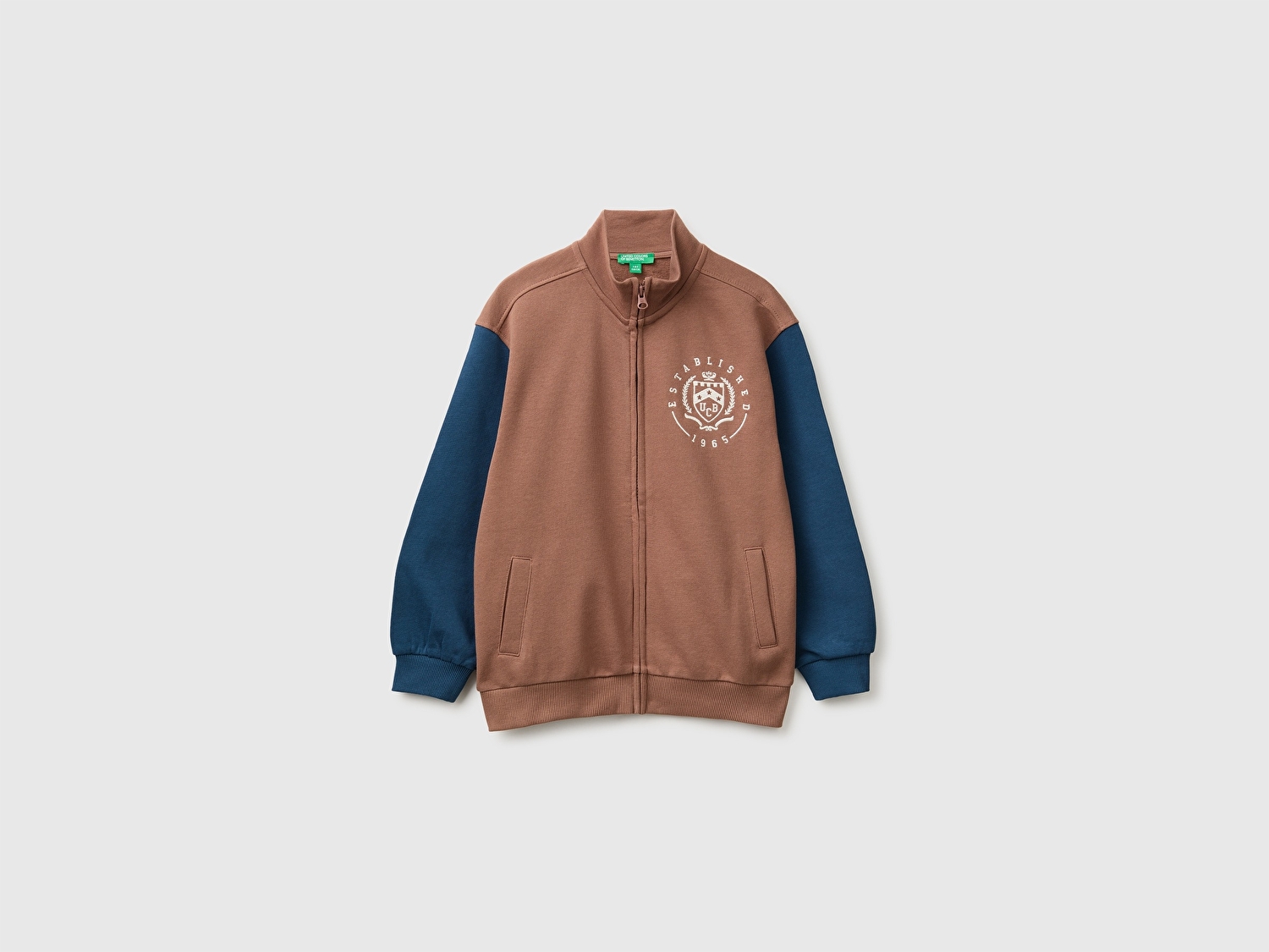 Benetton Erkek Çocuk Kahverengi Önü İşlemeli Ribanalı Cepli Fermuarlı Dik Yaka Sweatshirt