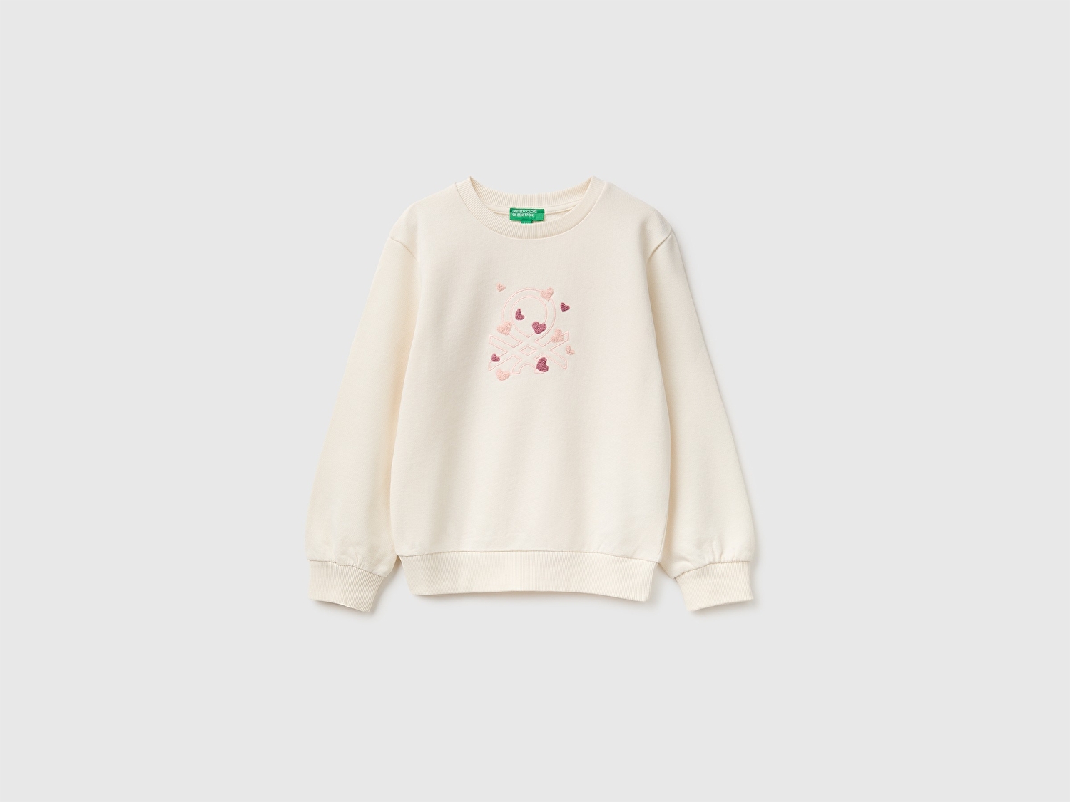 Benetton Kız Bebek Ekru Önü İşlemeli Uzun Kollu Bisiklet Yaka Sweatshirt