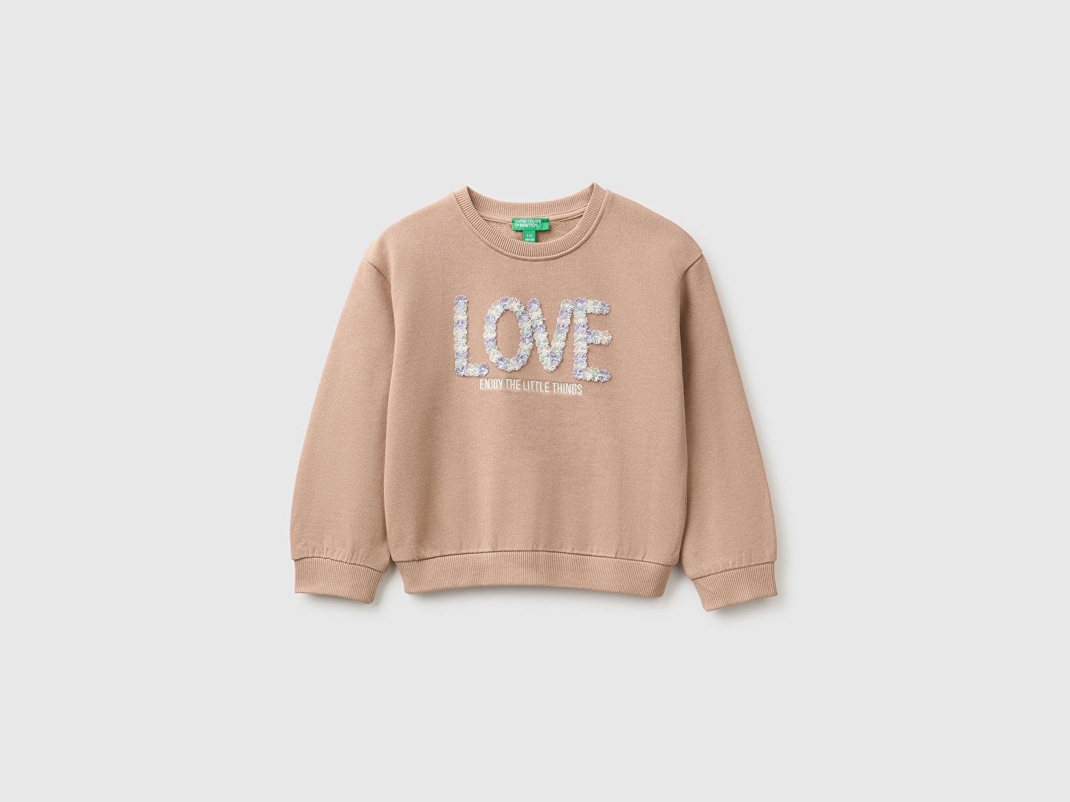 Benetton Kız Bebek Sütlü Kahve Önü İşlemeli Uzun Kollu Bisiklet Yaka Sweatshirt