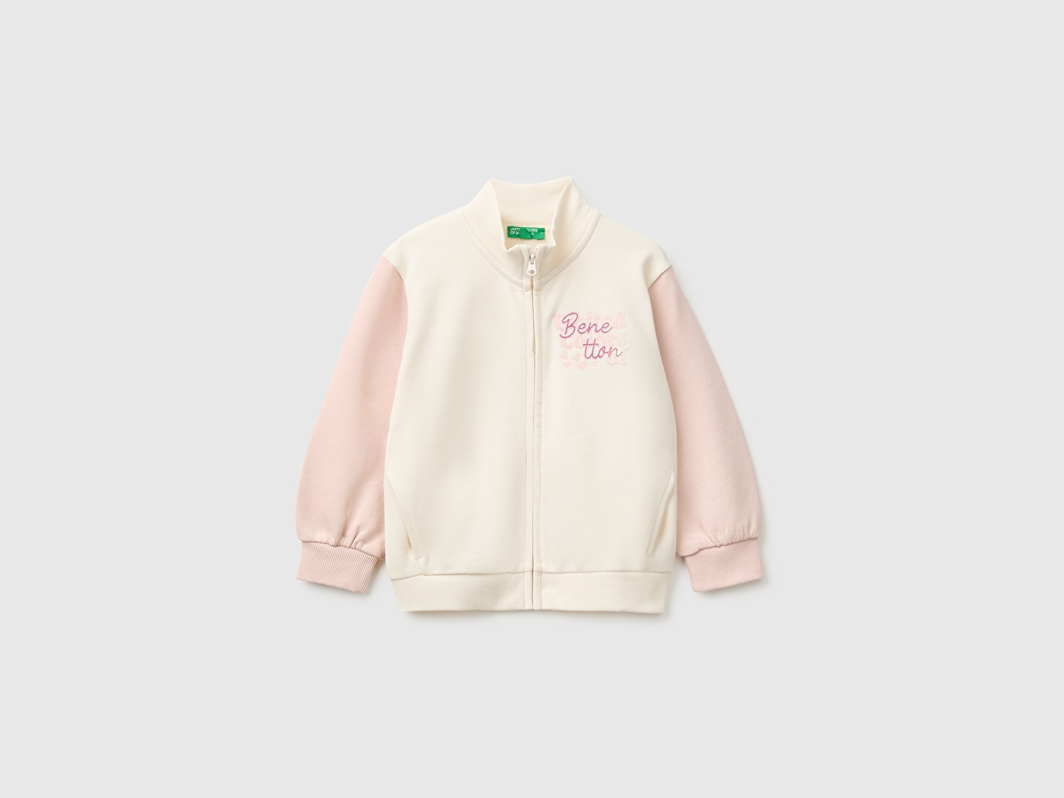 Benetton Kız Bebek Krem Önü İşlemeli Ribanalı Boğazlı Fermuarlı Dik Yaka Sweatshirt