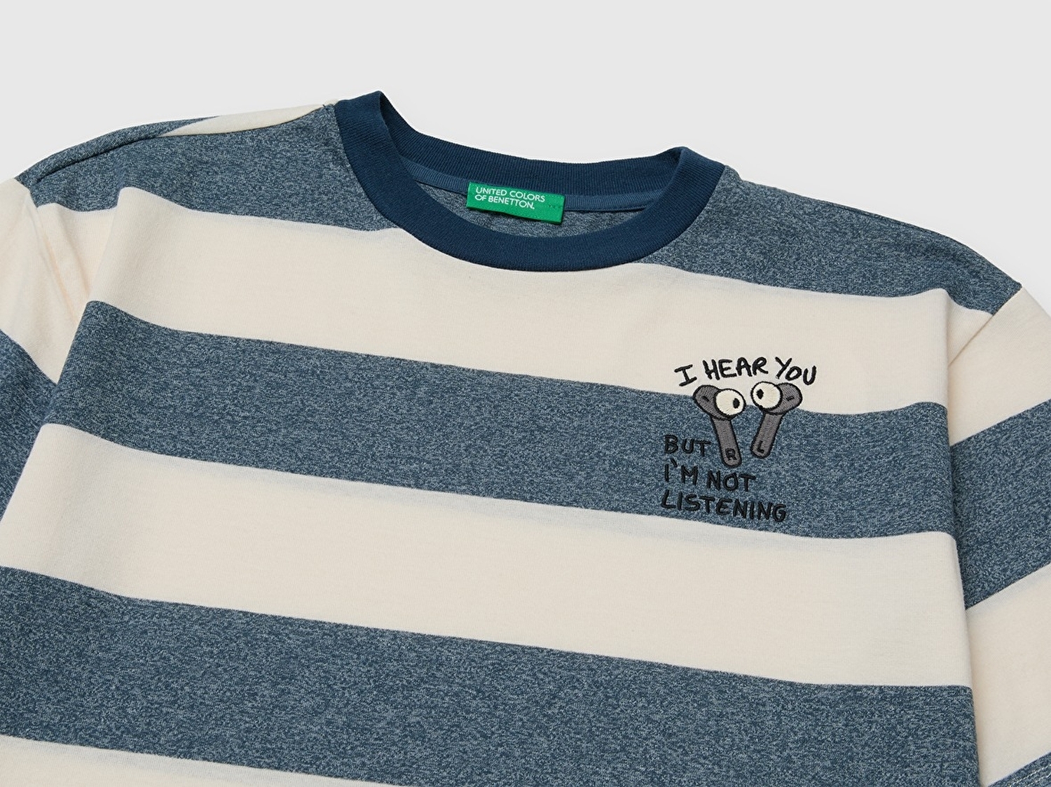 Benetton Erkek Çocuk Mavi Beyaz İşlemeli Çizgili Kısa Kollu Tişört