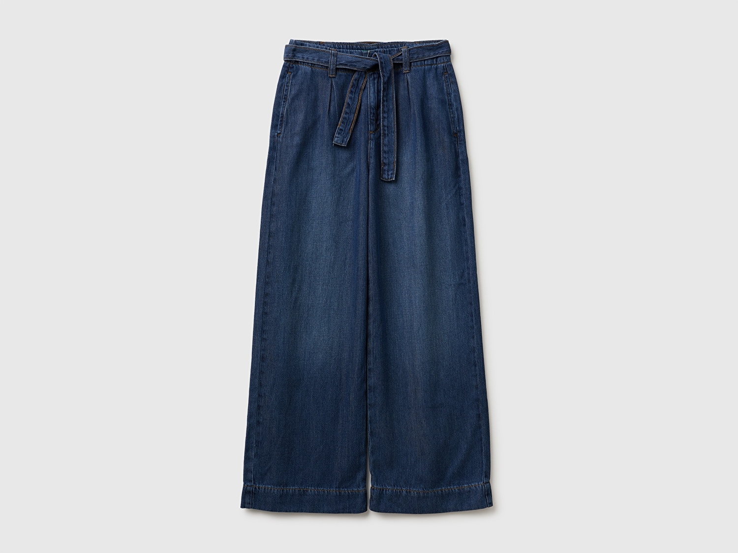 Benetton Kız Çocuk Koyu Denim Bol Paça Denim Kemerli Pantolon
