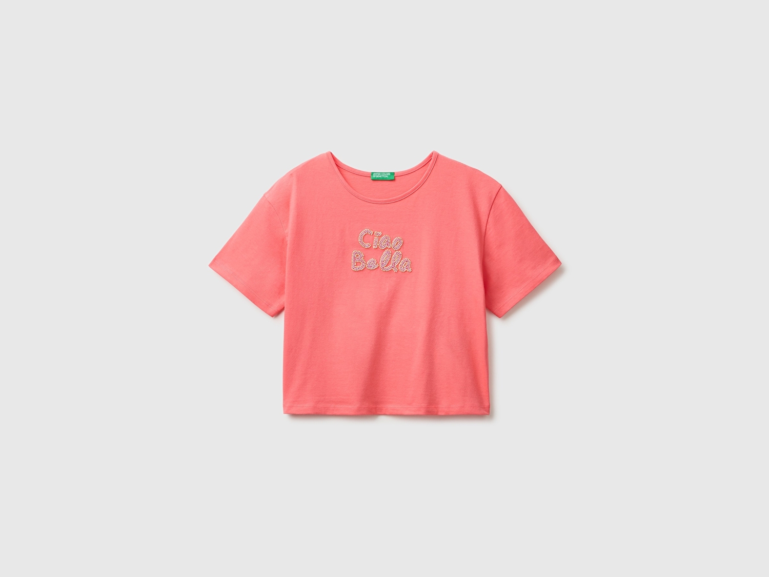 Benetton Kız Çocuk Mercan Ön ve Arka Baskı Detaylı Geniş Yaka T-Shirt