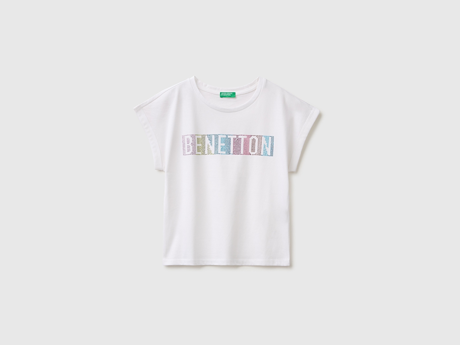 Benetton Kız Çocuk Beyaz Renkli Taş Detaylı Bisiklet Yaka T-Shirt