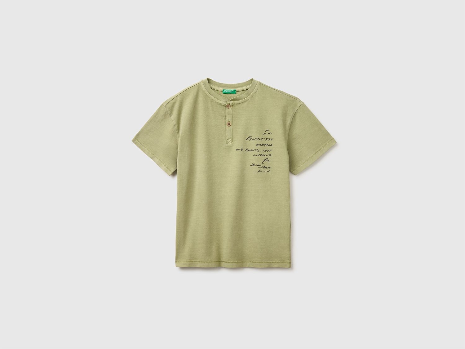 Benetton Erkek Çocuk Haki İşleme Detaylı Yuvarlak Yaka T-Shirt