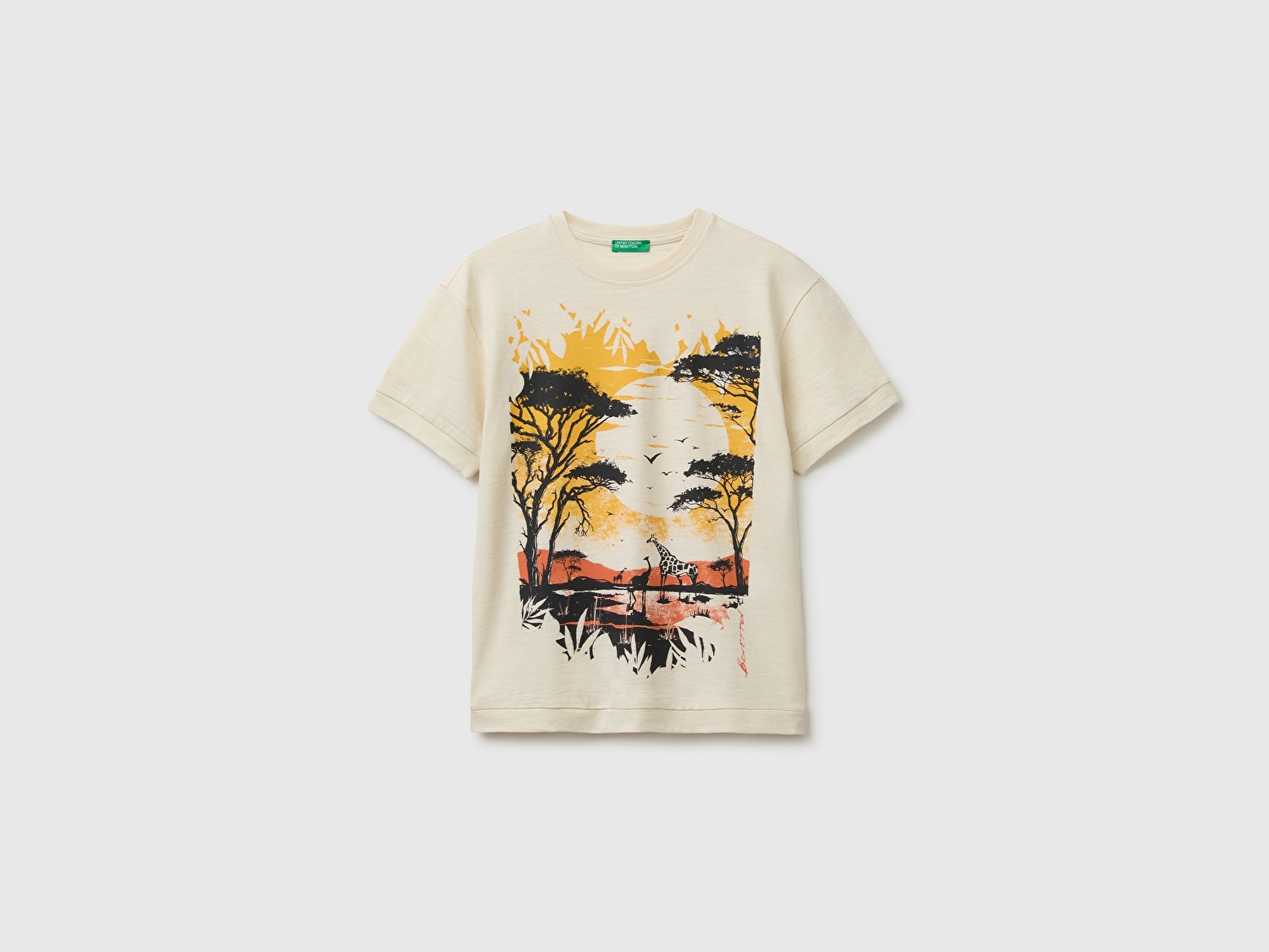 Benetton Erkek Çocuk Krem Önü Baskı Detaylı Bisiklet Yaka T-Shirt
