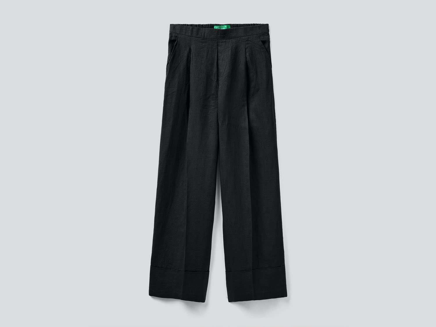 Benetton Kadın Siyah %100 Keten Beli Lastikli Geniş Kesim Pantolon