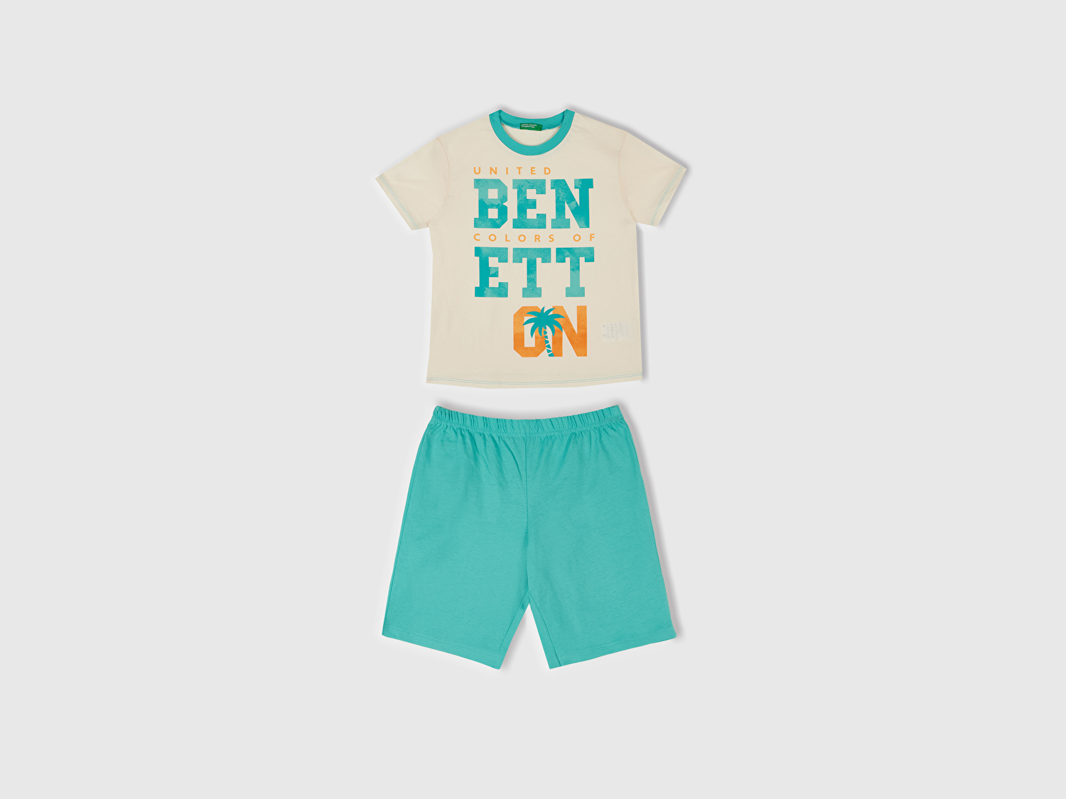 Benetton Erkek Çocuk Turkuaz Yazı Baskılı T-Shirt ve Şort Pijama Takım