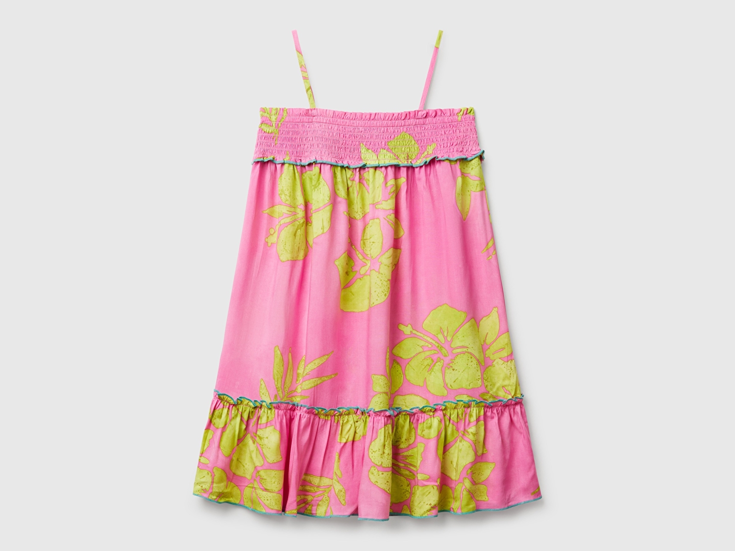 Benetton Kız Çocuk Pembe %100 Viskoz Desenli Üstü Büzgülü Pile Detaylı Askılı Elbise