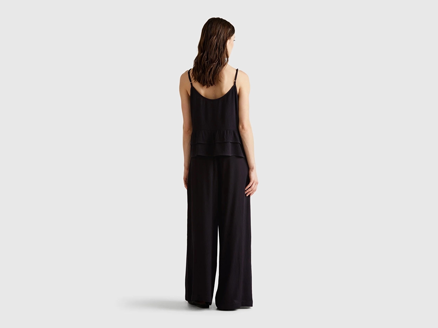 Benetton Kadın Siyah %100 Viskoz Beli Lastikli Geniş Paça Pantolon