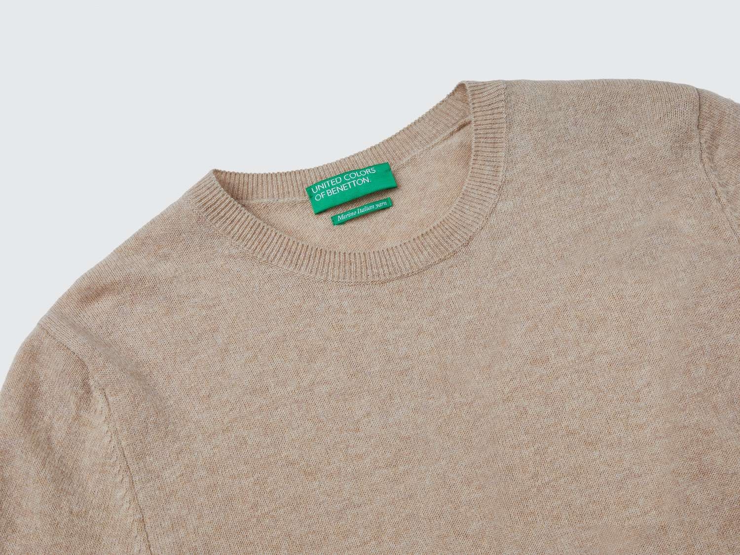 Benetton Kadın Ekru %100 Merino Bisiklet Yaka Kazak