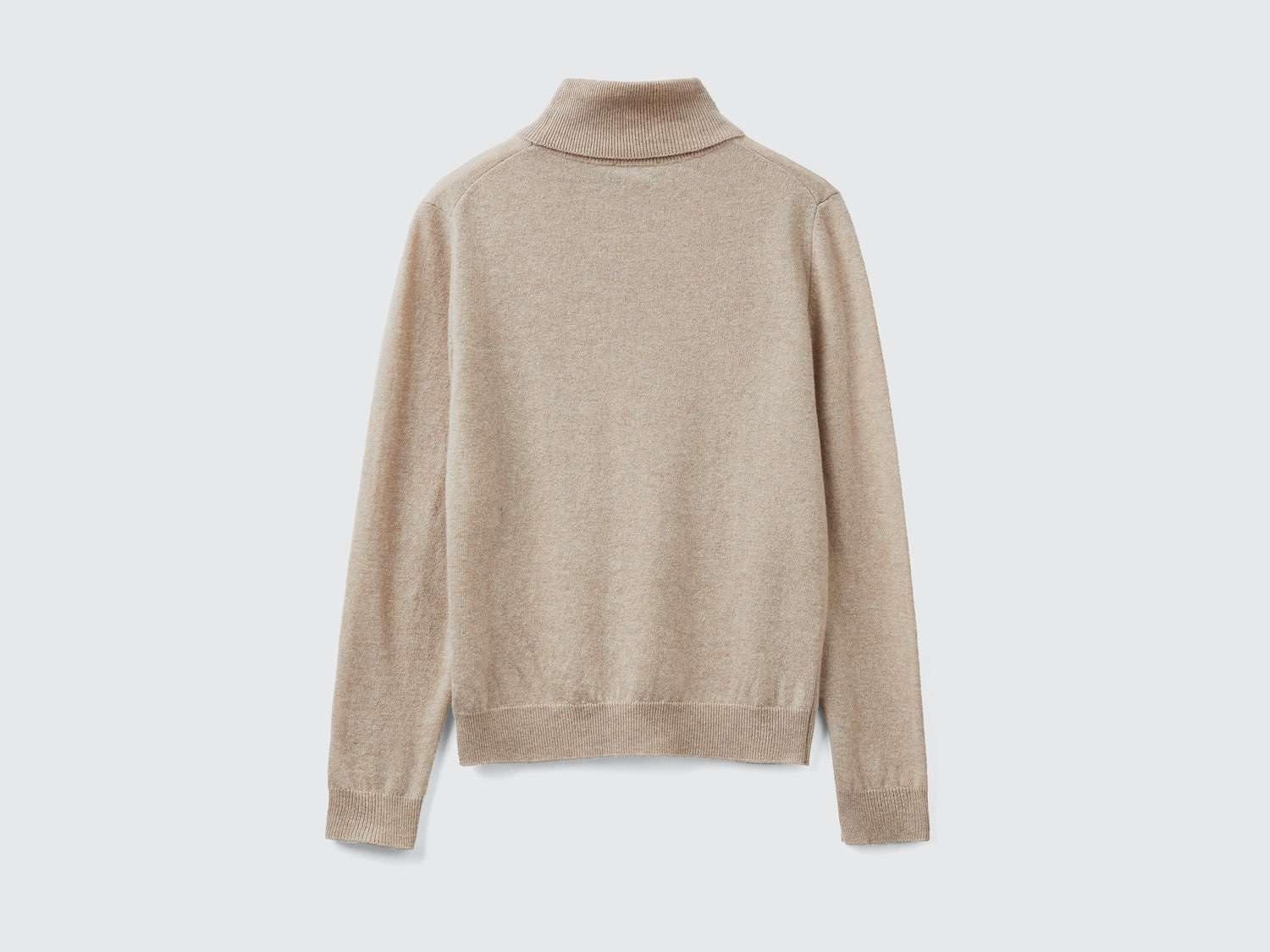 Benetton Kadın Ekru %100 Merino Dik Yaka  Kazak
