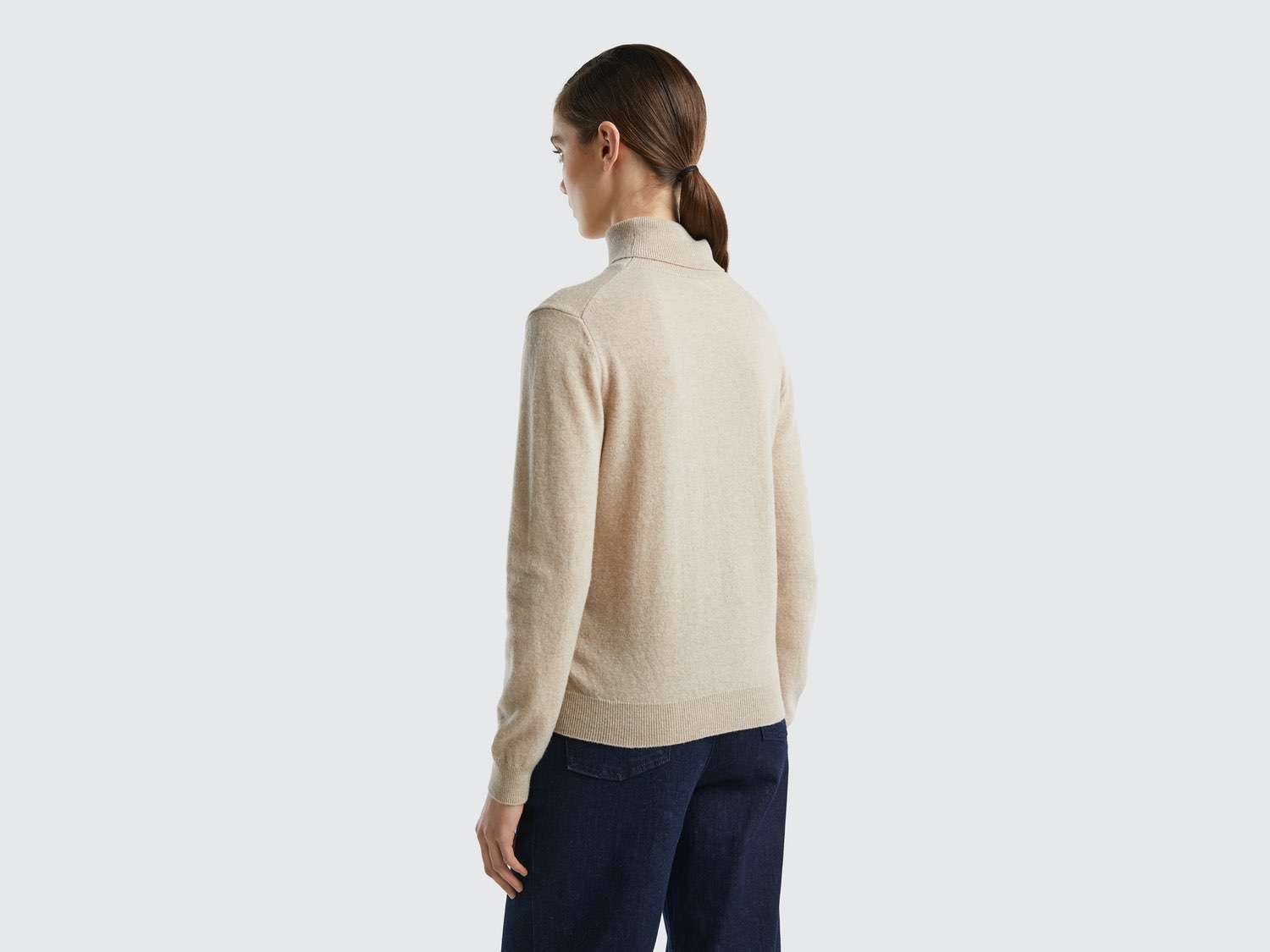 Benetton Kadın Ekru %100 Merino Dik Yaka  Kazak