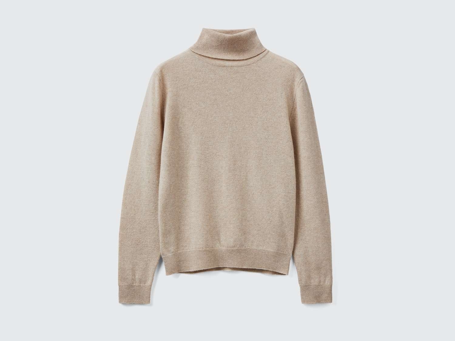 Benetton Kadın Ekru %100 Merino Dik Yaka  Kazak