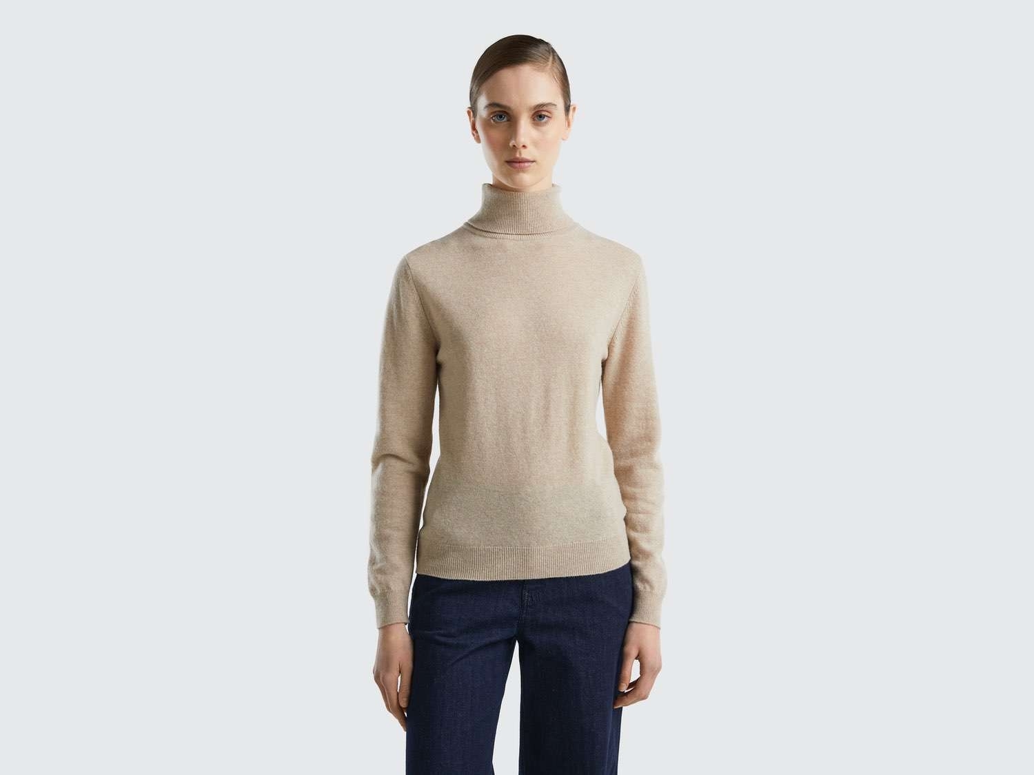 Benetton Kadın Ekru %100 Merino Dik Yaka  Kazak