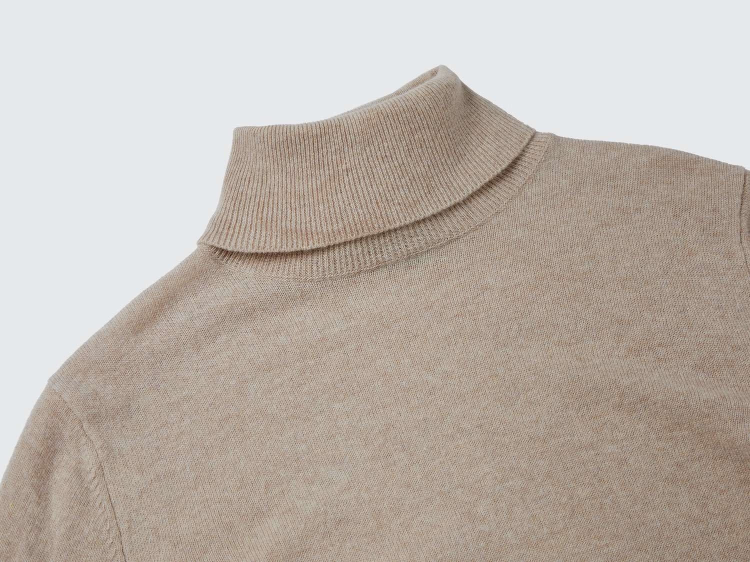 Benetton Kadın Ekru %100 Merino Dik Yaka  Kazak