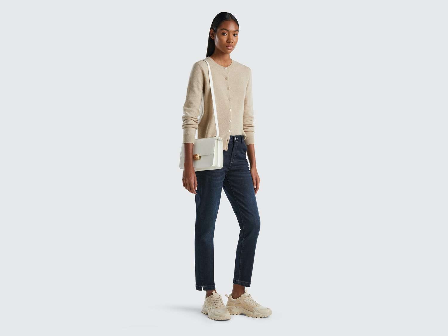 Benetton Kadın Ekru %100 Merino Bisiklet Yaka Hırka