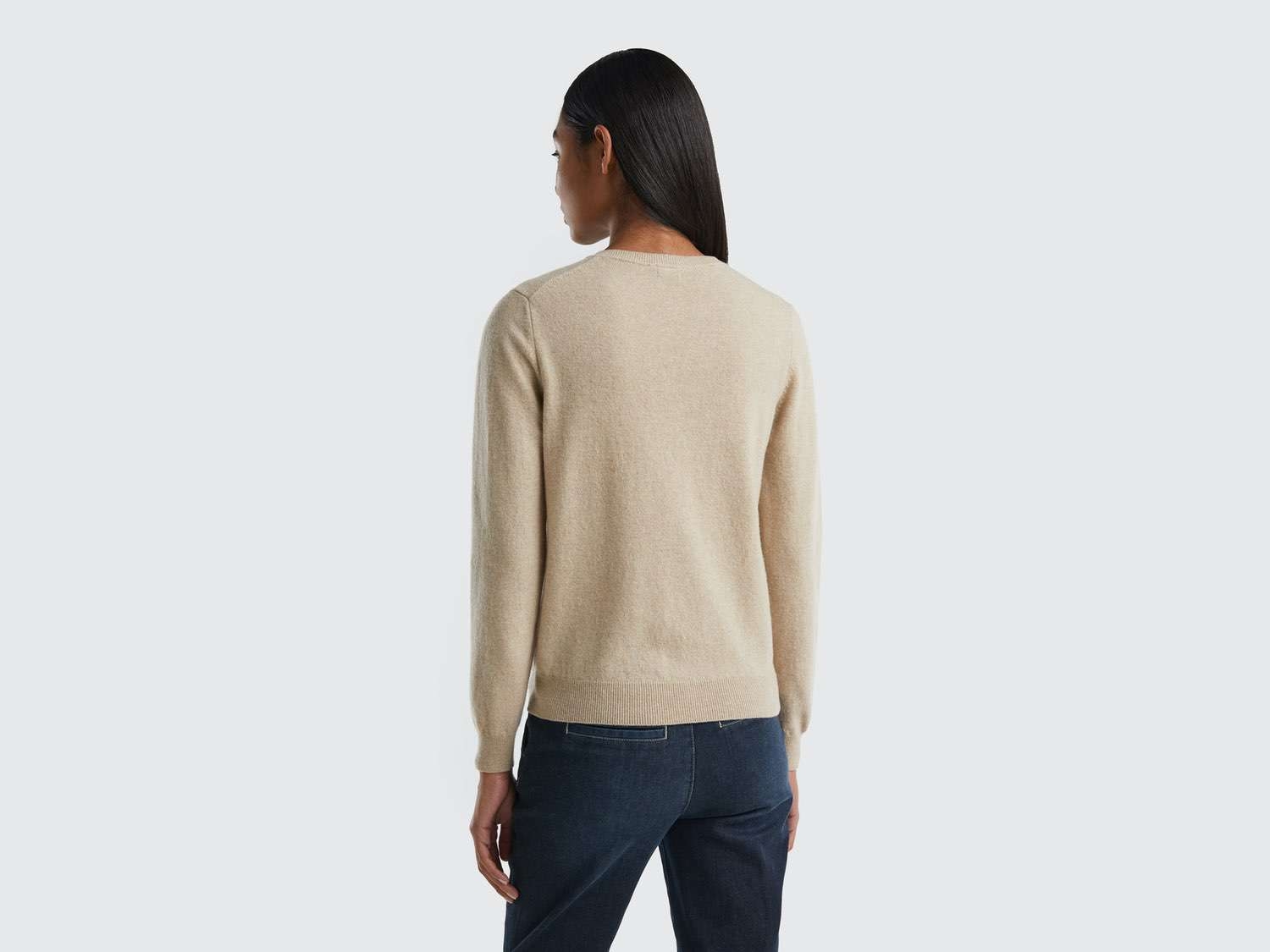 Benetton Kadın Ekru %100 Merino Bisiklet Yaka  Hırka