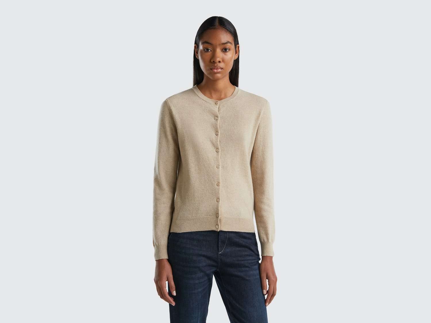Benetton Kadın Ekru %100 Merino Bisiklet Yaka  Hırka