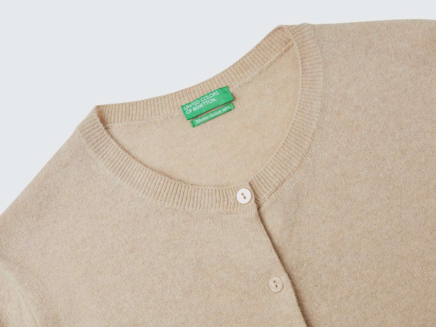 Benetton Kadın Ekru %100 Merino Bisiklet Yaka  Hırka