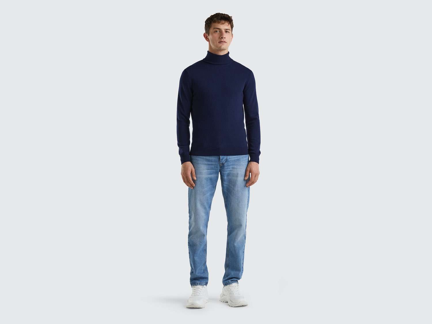 Benetton Erkek Lacivert %100 Merino Boğazlı  Kazak