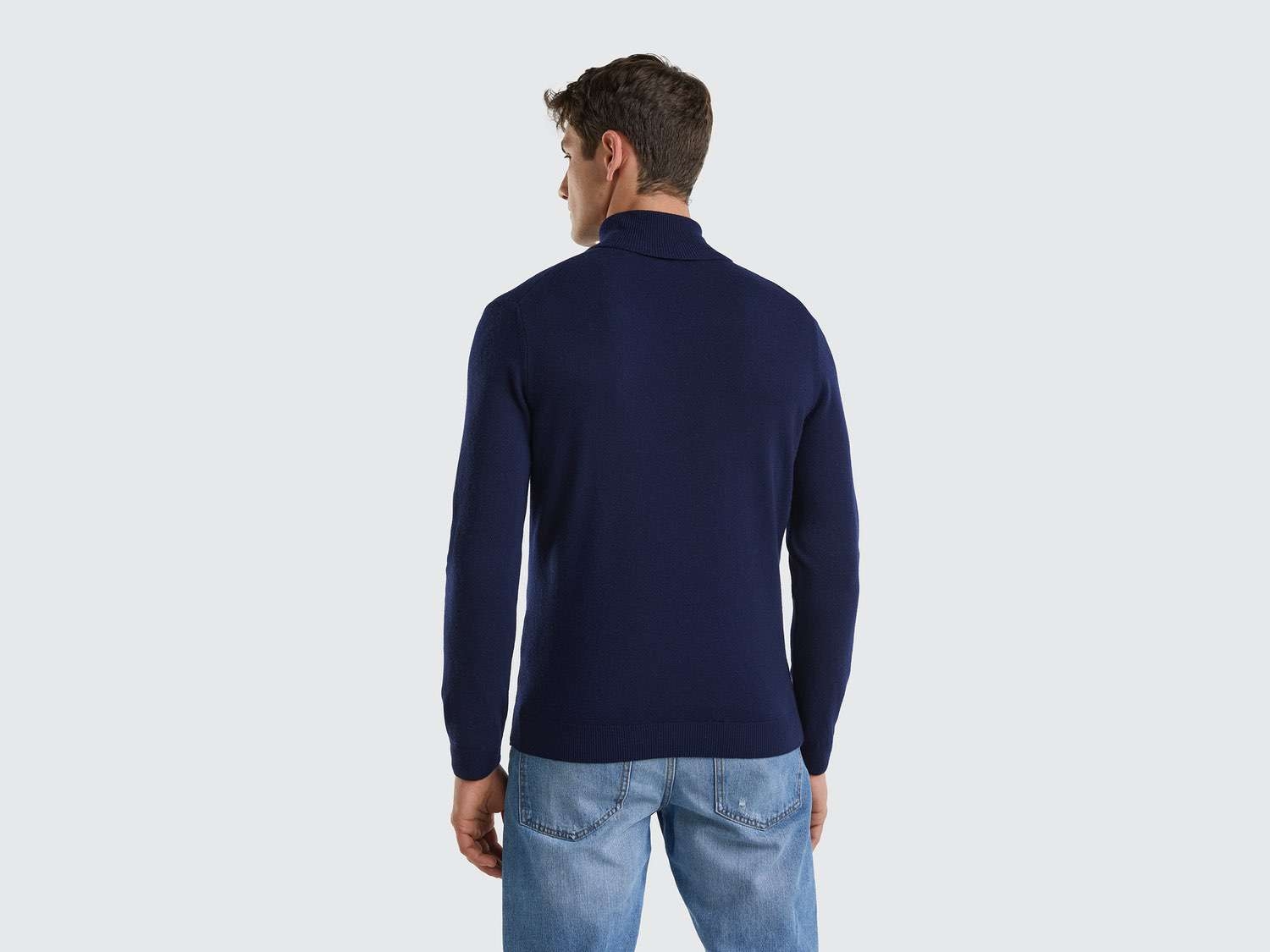Benetton Erkek Lacivert %100 Merino Boğazlı  Kazak