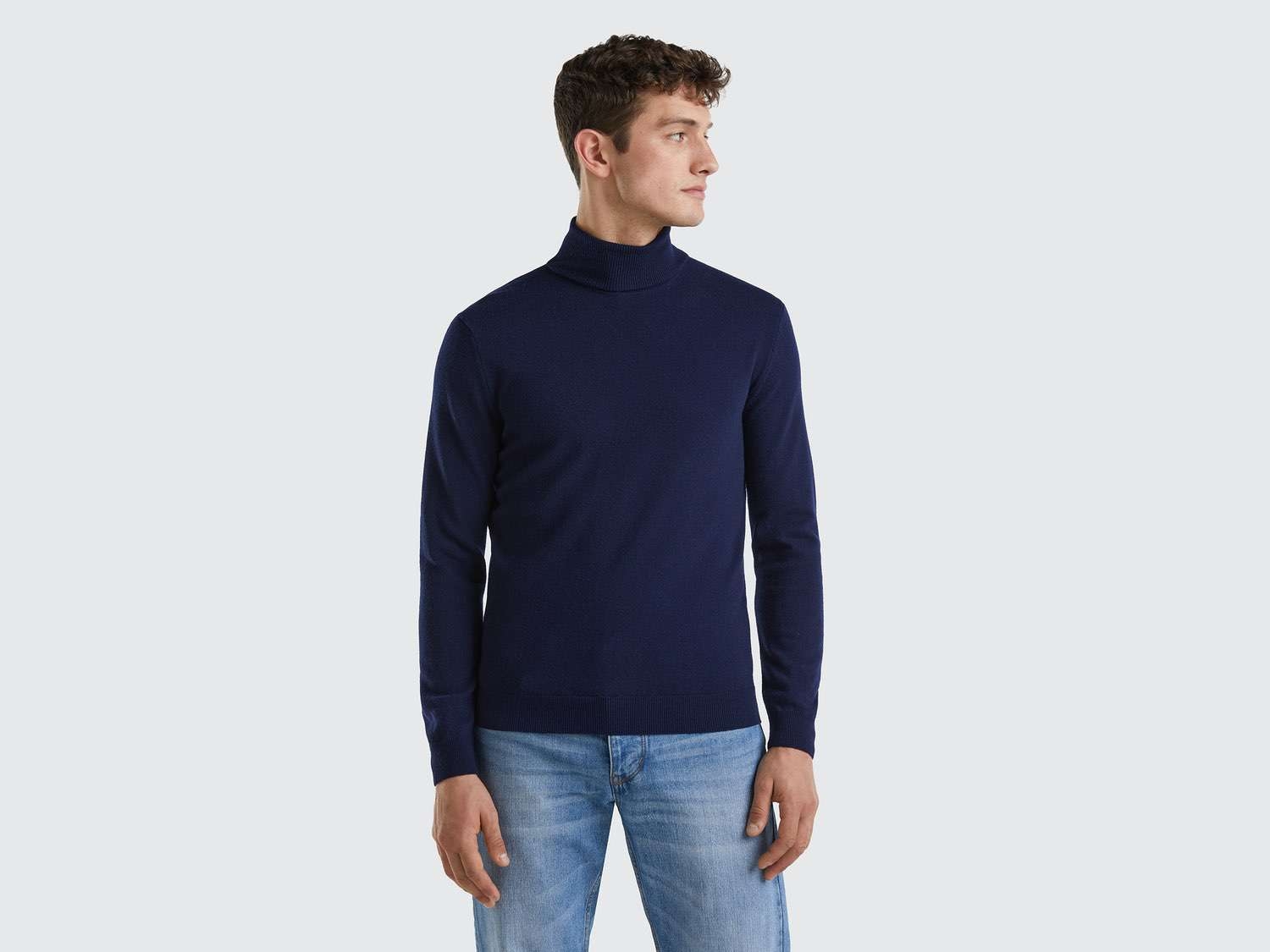 Benetton Erkek Lacivert %100 Merino Boğazlı  Kazak