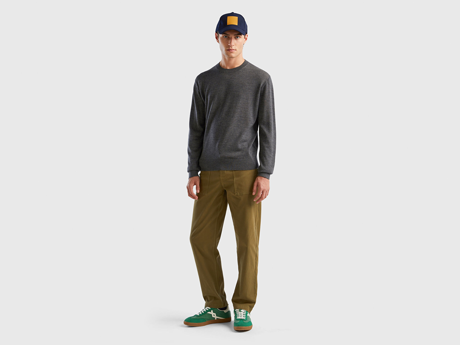 Benetton Erkek Gri %100 Extra Fine Merino Kazak