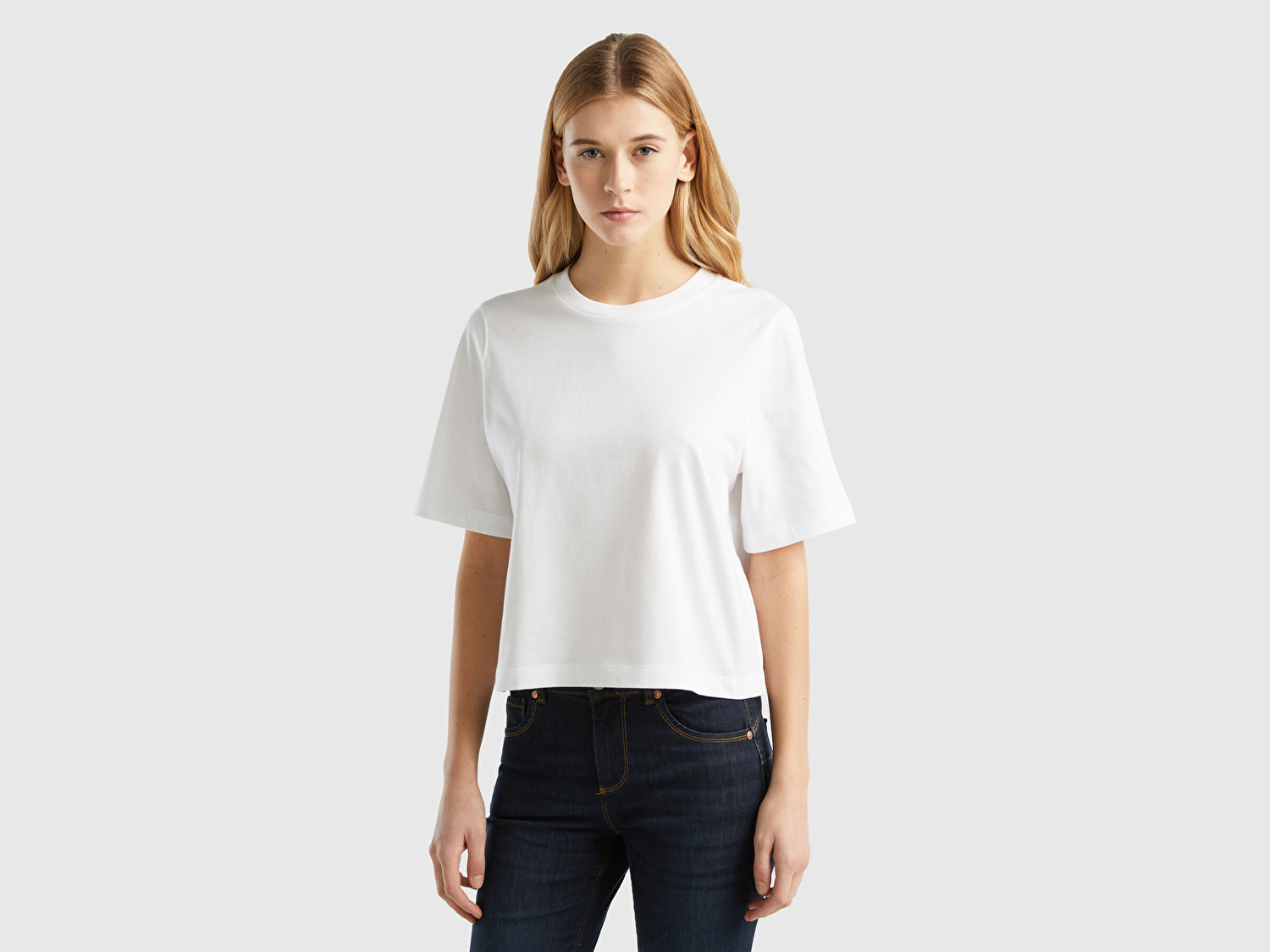Benetton Kadın Beyaz %100 Koton Boxy Fit T-Shirt