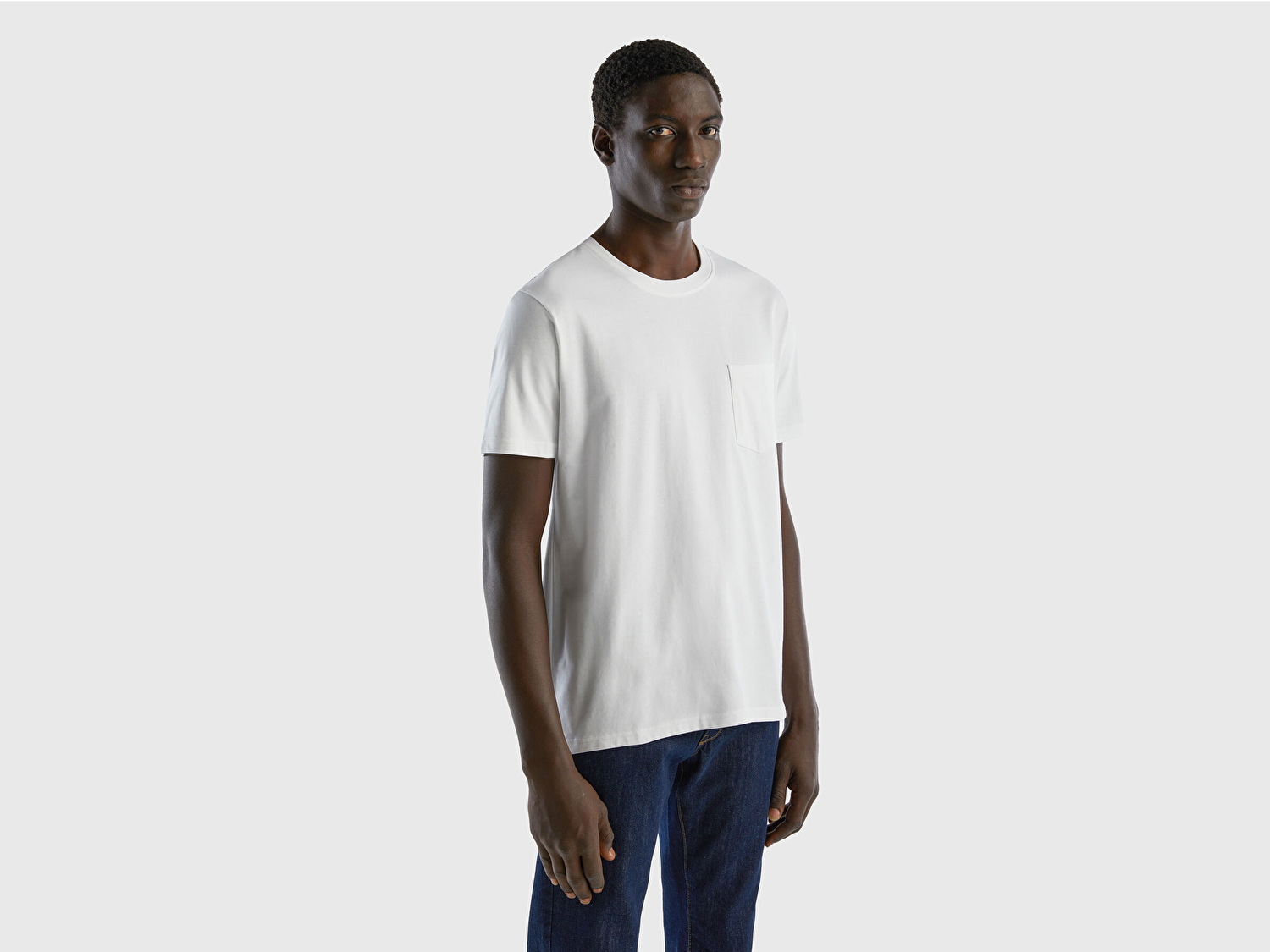 Benetton Erkek Beyaz %100 Koton Cepli T-Shirt
