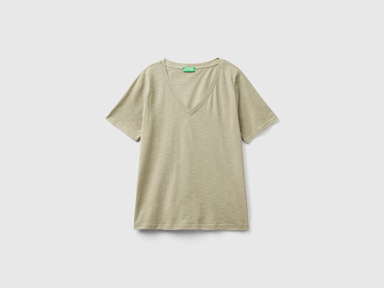 Benetton Kadın Haki %100 Koton V Yaka Slub T-Shirt