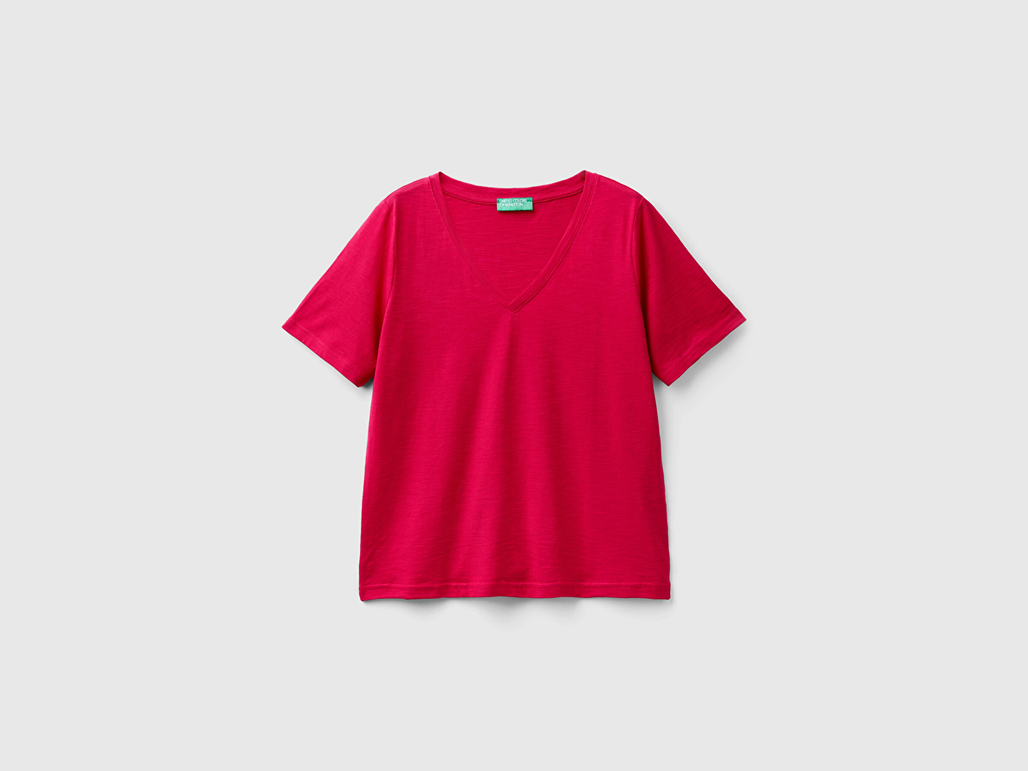 Benetton Kadın Fuşya %100 Koton V Yaka Slub T-Shirt