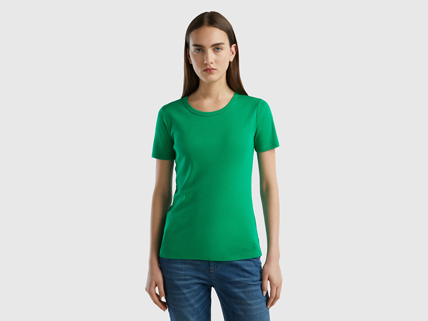 Benetton Kadın Yeşil %100 Koton Basic Kısa Kollu Bisiklet Yaka T-Shirt